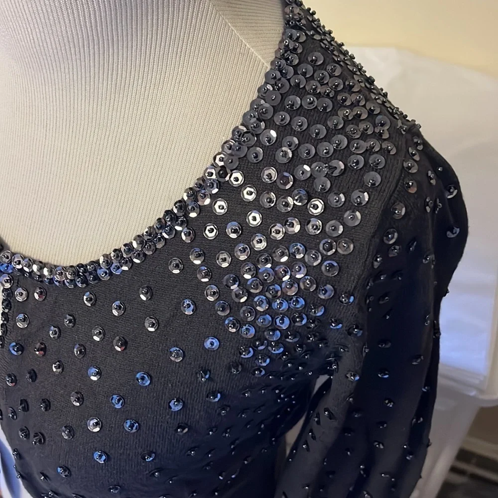 Charcoal gray soft short cardigan sweater with sequins and beads, small